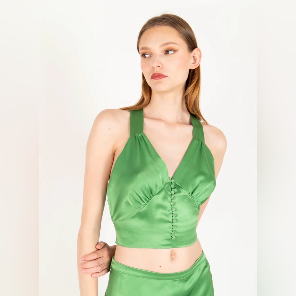 SECRET MISSION Kelly Green 100% Silk Stacey Crop Top bralette blouse